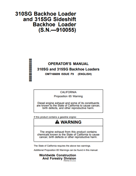 JOHN DEERE 310SG, 315SG BACKHOE LOADER OPERATOR MANUAL OMT166699