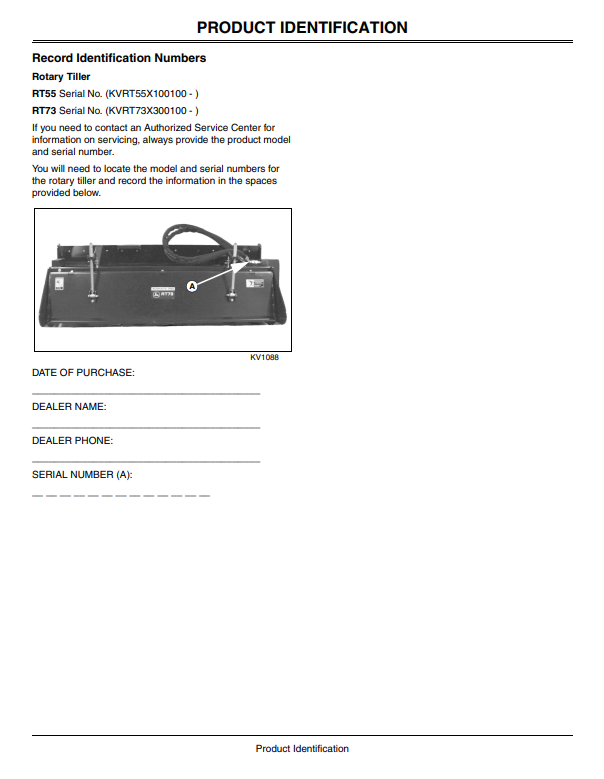 JOHN DEERE ROTARY TILLER RT55, RT73 OPERATOR MANUAL OMKV18189