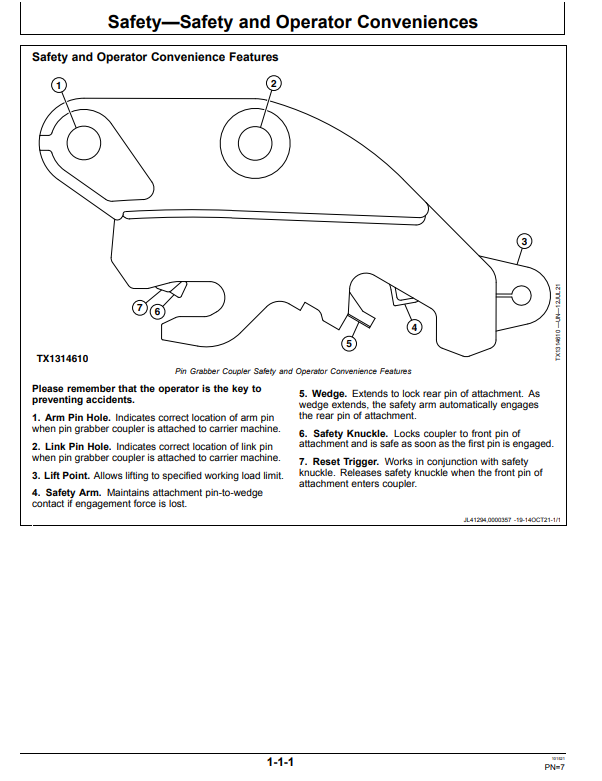 JOHN DEERE 35G, 50G, 60G PIN GRABBER COUPLER OPERATOR MANUAL OMT466881X019