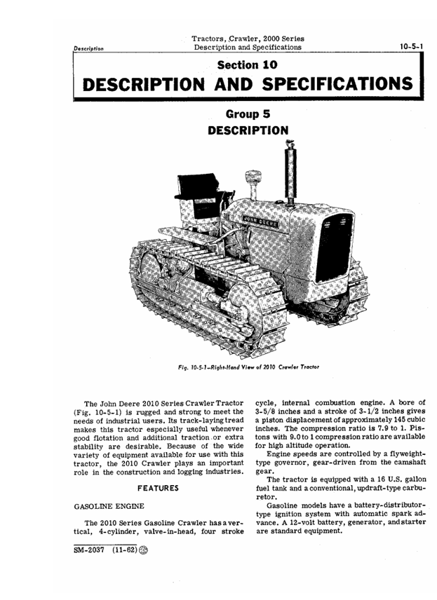 JOHN DEERE 2000 SERIES CRAWLER TRACTOR SERVICE MANUAL SM2037