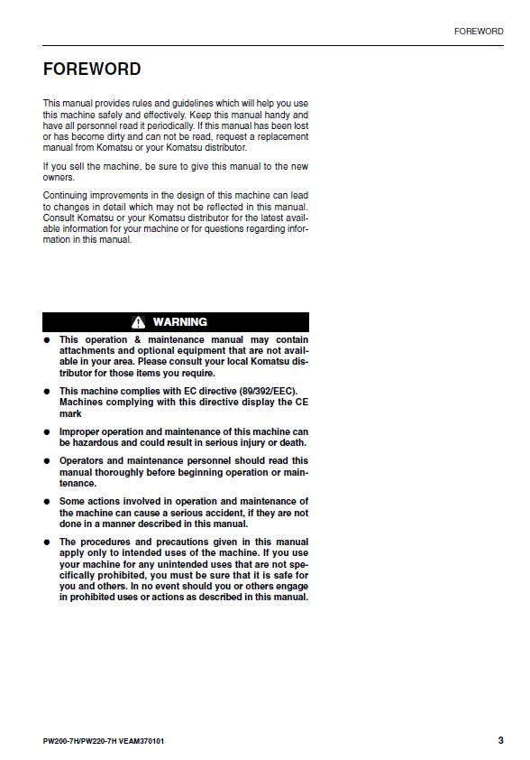 KOMATSU PW200-7H, PW220-7H WHEELED EXCAVATOR OPERATION & MAINTENANCE MANUAL PDF