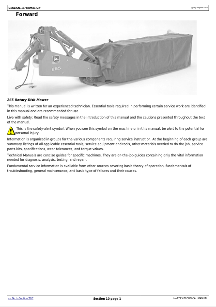 JOHN DEERE 265, 275 & 285 ROTARY DISC MOWER DIAGNOSTIC AND REPAIR TECHNICAL MANUAL TM1795
