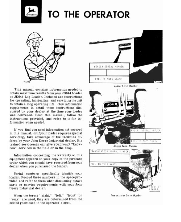 JOHN DEERE JD644 LOADER OPERATOR MANUAL OMT32952