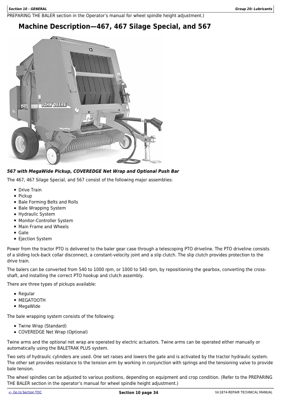JOHN DEERE 447, 457, 467, 547, 557, 567 ROUND BALER REPAIR TECHNICAL MANUAL TM1874