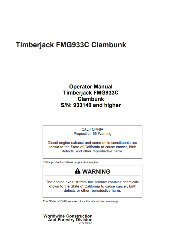 JOHN DEERE TIMBERJACK FMG933C CLAMBUNK OPERATOR MANUAL 933140