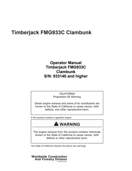 JOHN DEERE TIMBERJACK FMG933C CLAMBUNK OPERATOR MANUAL 933140
