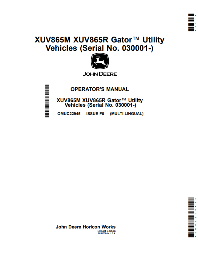 JOHN DEERE XUV865M, XUV865R GATOR™ UTILITY VEHICLES OPERATOR MANUAL OMUC22945