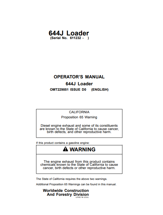 JOHN DEERE 644J LOADER OPERATOR MANUAL OMT229851