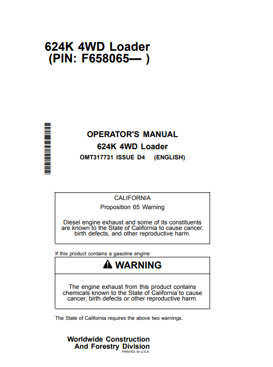 JOHN DEERE 624K 4WD LOADER OPERATOR MANUAL OMT317731
