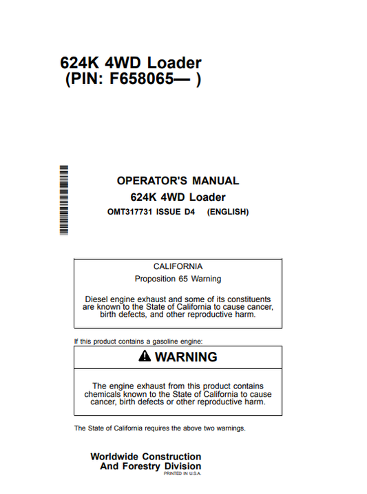 JOHN DEERE 624K 4WD LOADER OPERATOR MANUAL OMT317731