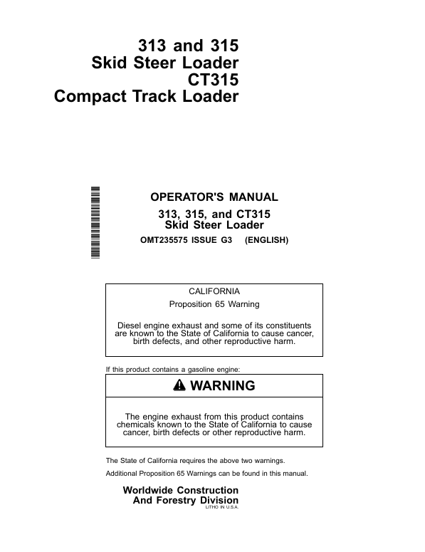 JOHN DEERE 313, 315, AND CT315 SKID STEER LOADER OPERATOR MANUAL OMT235575