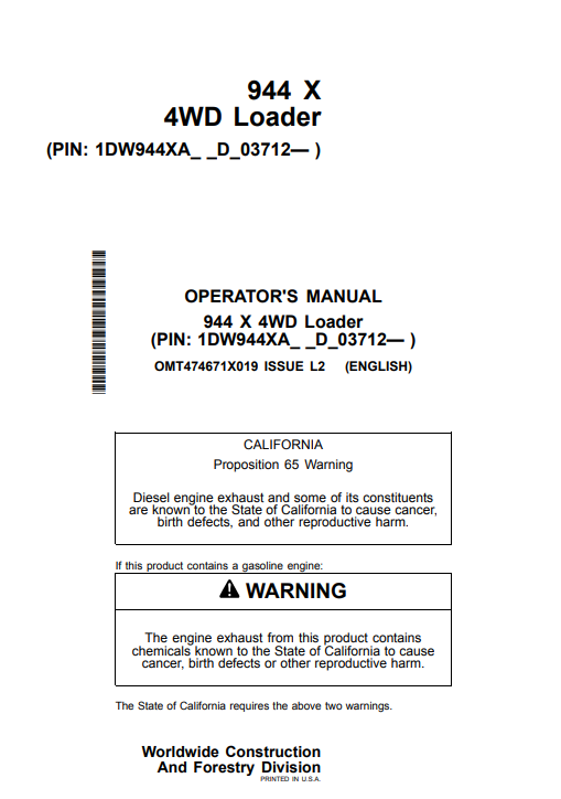 JOHN DEERE 944 X 4WD LOADER OPERATOR MANUAL OMT474671X019