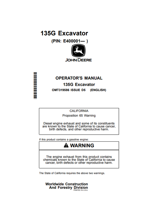 JOHN DEERE 135G EXCAVATOR OPERATOR MANUAL OMT319586