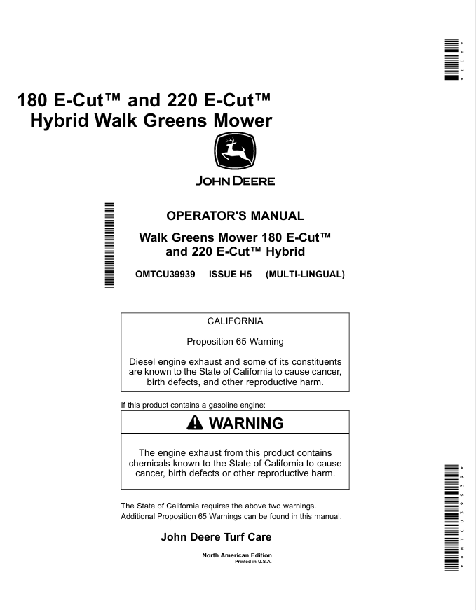 JOHN DEERE 180, 220 E-CUT HYBRID WALK GREEN MOWER OPERATOR MANUAL OMTCU39939