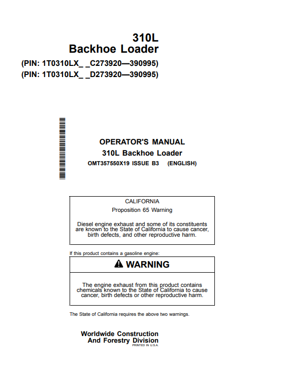 JOHN DEERE 310L BACKHOE LOADER OPERATOR MANUAL OMT357550X19