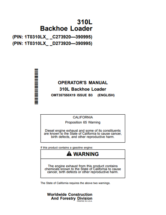 JOHN DEERE 310L BACKHOE LOADER OPERATOR MANUAL OMT357550X19