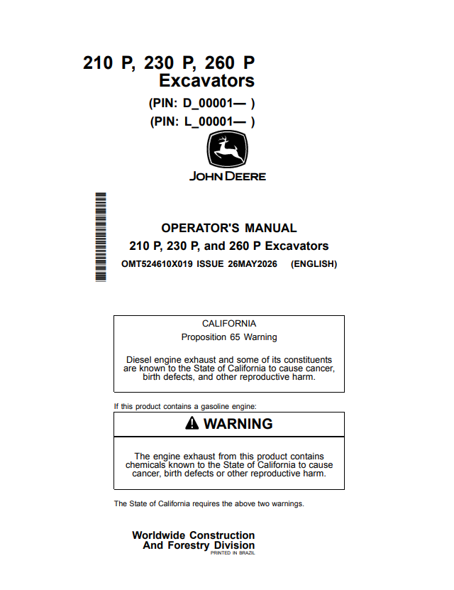 JOHN DEERE 210 P, 230 P, AND 260 P EXCAVATOR OPERATOR MANUAL OMT524610X019