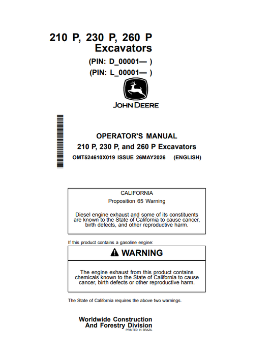 JOHN DEERE 210 P, 230 P, AND 260 P EXCAVATOR OPERATOR MANUAL OMT524610X019