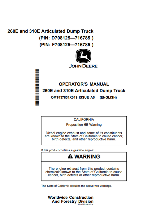 JOHN DEERE 260E AND 310E ARTICULATED DUMP TRUCK OPERATOR MANUAL OMT437831X019