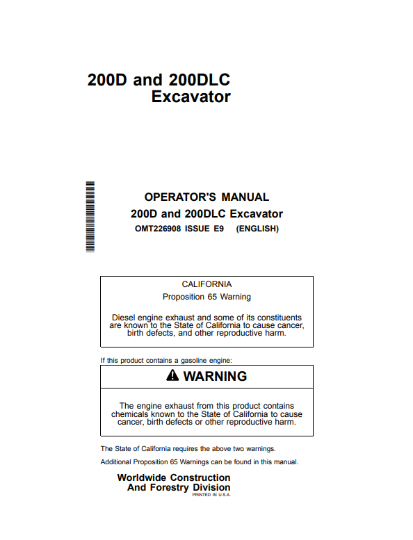 JOHN DEERE 200D AND 200DLC EXCAVATOR OPERATOR MANUAL OMT226908