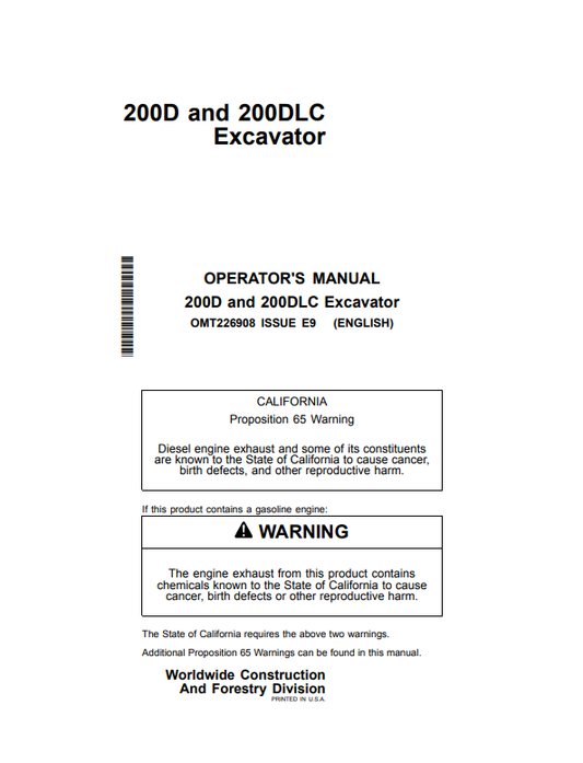 JOHN DEERE 200D AND 200DLC EXCAVATOR OPERATOR MANUAL OMT226908