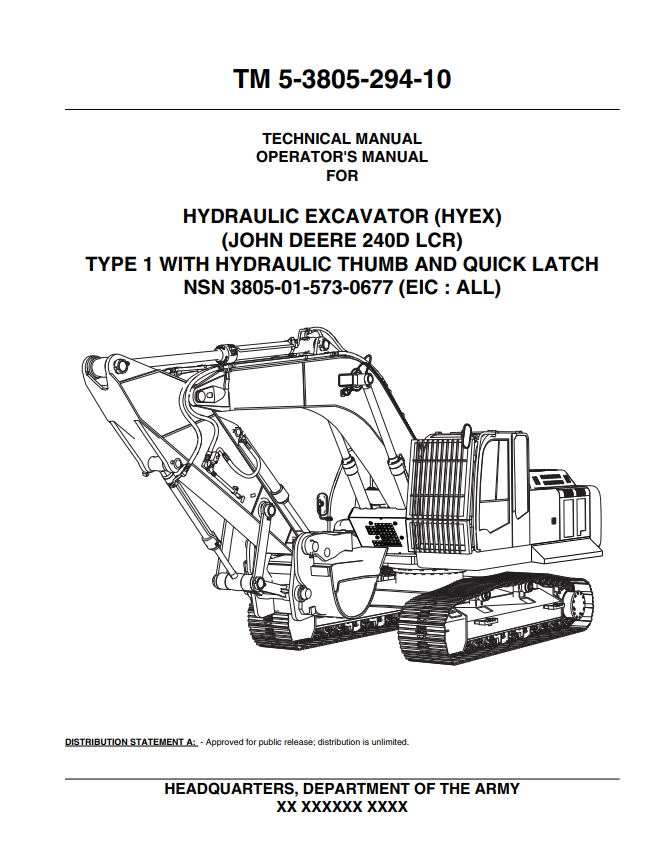 JOHN DEERE 240DLCR HYDRAULIC EXCAVATOR TYPE 1 WITH THUMB AND QUICK LATCH OPERATOR MANUAL TM5380529410