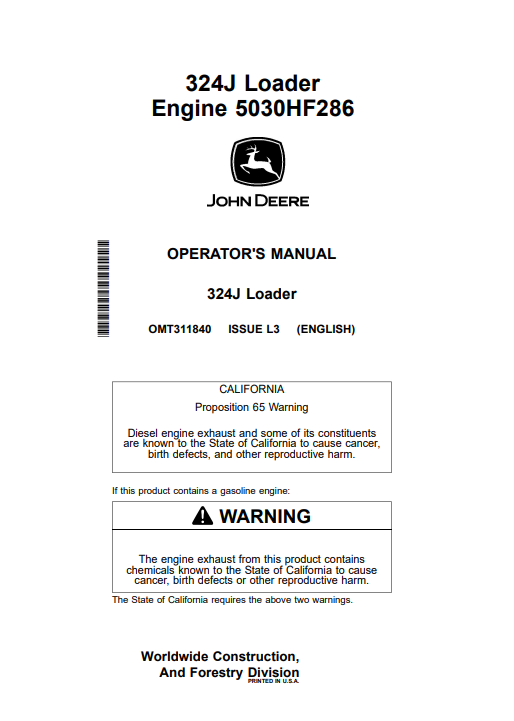 JOHN DEERE 324J LOADER OPERATOR MANUAL OMT311840