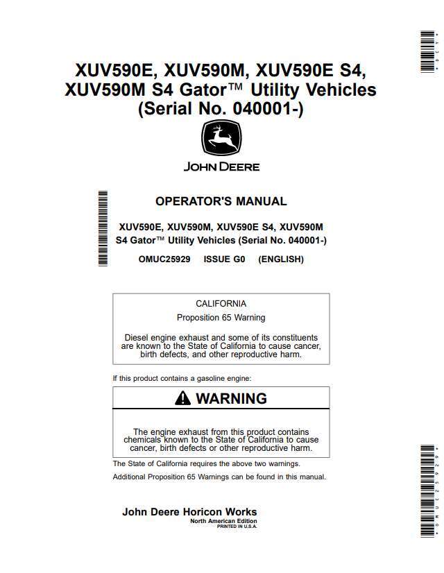 JOHN DEERE XUV590E, XUV590M, XUV590E S4, XUV590M S4 GATOR™ UTILITY VEHICLES OPERATOR MANUAL OMUC25929