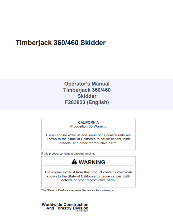 JOHN DEERE TIMBERJACK 360/460 SKIDDER OPERATOR MANUAL F283823
