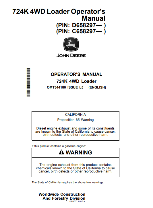 JOHN DEERE 724K 4WD LOADER OPERATOR MANUAL OMT344180