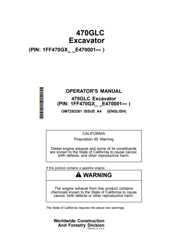 JOHN DEERE 470GLC EXCAVATOR OPERATOR MANUAL OMT293261