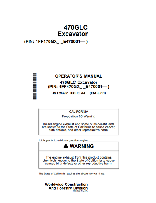 JOHN DEERE 470GLC EXCAVATOR OPERATOR MANUAL OMT293261