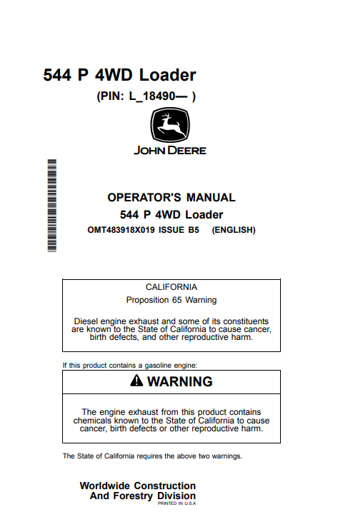 JOHN DEERE 544 P 4WD LOADER OPERATOR MANUAL OMT483918X019