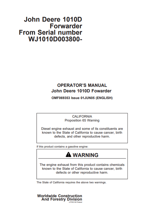 JOHN DEERE 1010D FORWARDER OPERATOR MANUAL OMF069353