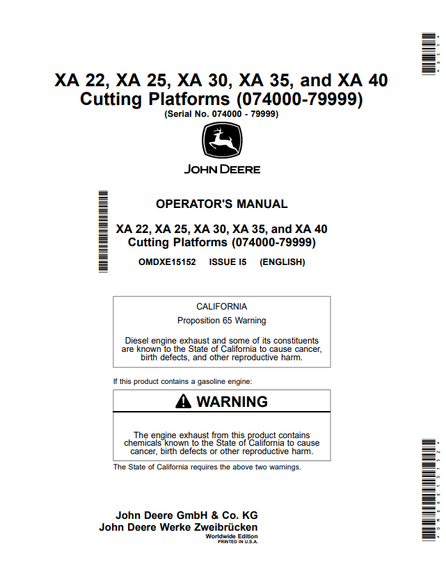 JOHN DEERE XA 22, XA 25, XA 30, XA 35, AND XA 40 CUTTING PLATFORM OPERATOR MANUAL OMDXE15152