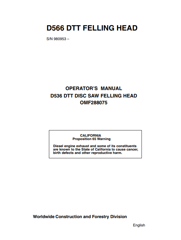 JOHN DEERE D536 DTT DISC SAW FELLING HEAD OPERATOR MANUAL OMF288075