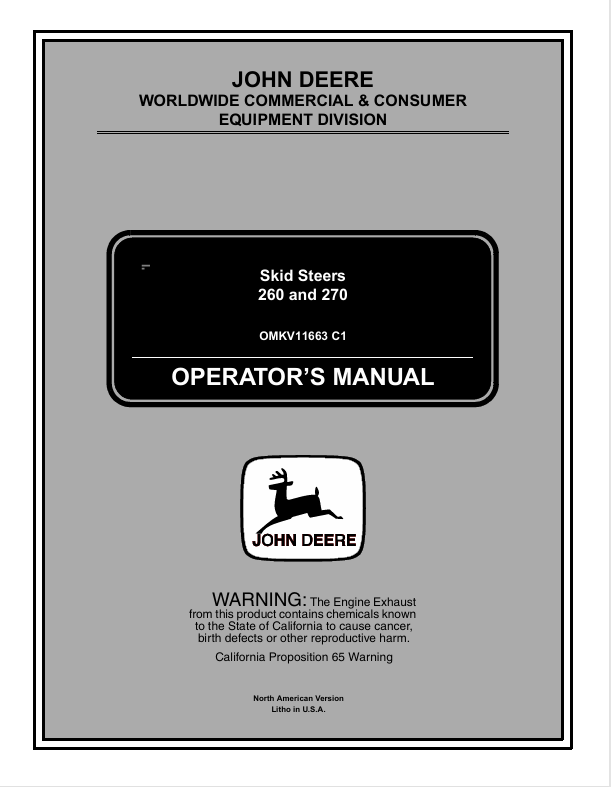 JOHN DEERE 260 AND 270 SKID STEER OPERATOR MANUAL OMKV11663