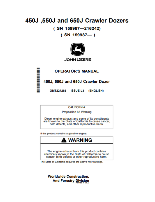 JOHN DEERE 450J, 550J AND 650J CRAWLER DOZER OPERATOR MANUAL OMT227285