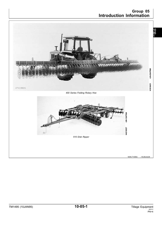 JOHN DEERE 825, 845, 875, 885, 980, 985 CULTIVATOR, 2810, 3710 MOLDBOARD PLOW, 400 ROTARY HOES, 510, 630, 635, 640, 650 DISK RIPPER, 1650 CHISEL PLOW, 970 HARROW, 550 MULCH MASTER, 726 MULCH FINISHER AND 716 MULCH TILLER TECHNICAL MANUAL TM1495