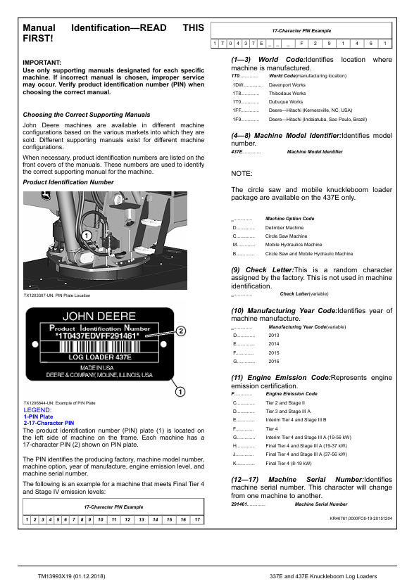 JOHN DEERE 337E, 437E KNUCKLEBOOM LOG LOADER REPAIR MANUAL TM13993X19