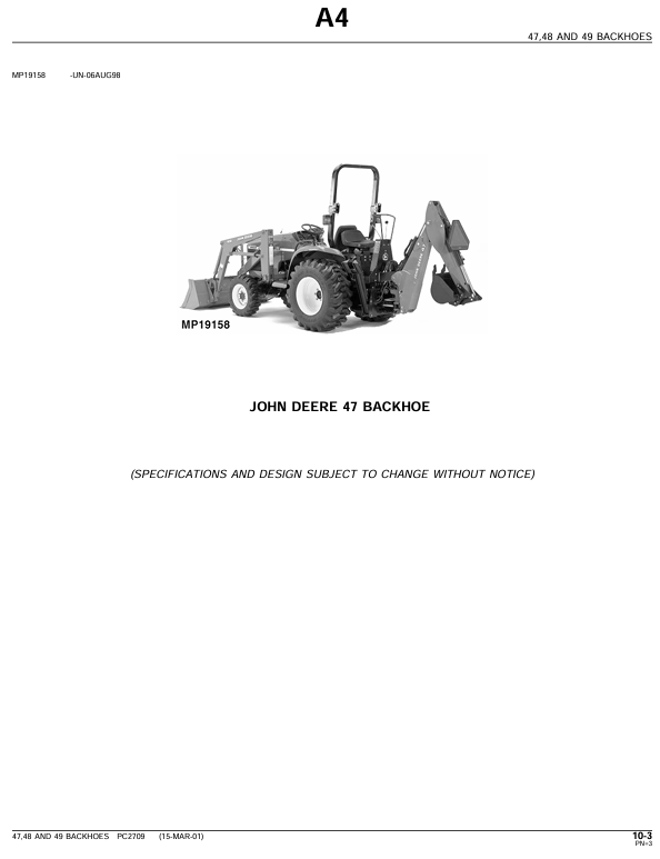 JOHN DEERE 47, 48 AND 49 BACKHOE FOR COMPACT UTILITY TRACTOR PARTS CATALOGUE MANUAL PC2709