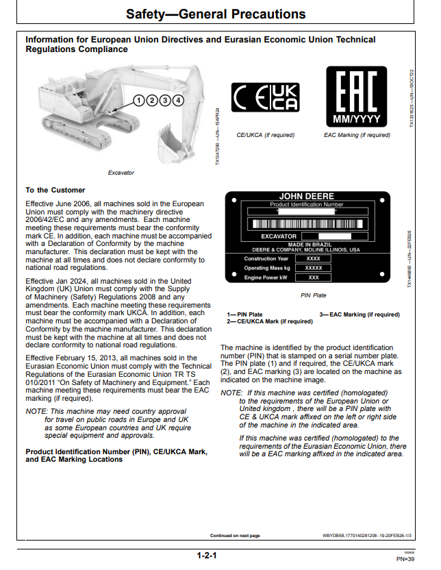 JOHN DEERE 210 P, 230 P, AND 260 P EXCAVATOR OPERATOR MANUAL OMT524610X019