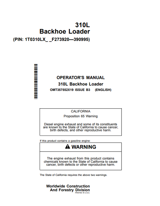 JOHN DEERE 310L BACKHOE LOADER OPERATOR MANUAL OMT357552X19