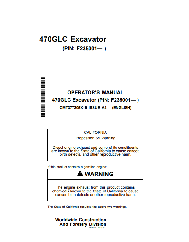 JOHN DEERE 470GLC EXCAVATOR OPERATOR MANUAL OMT377205X19