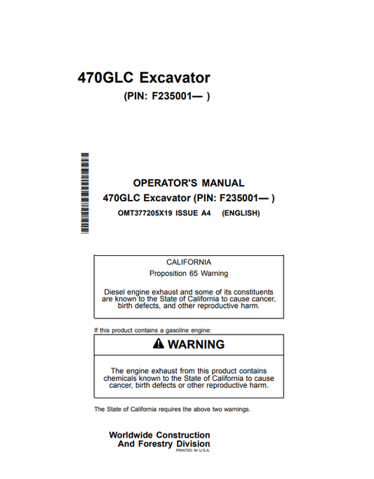 JOHN DEERE 470GLC EXCAVATOR OPERATOR MANUAL OMT377205X19