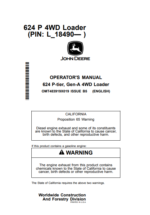 JOHN DEERE 624 P-TIER, GEN-A 4WD LOADER OPERATOR MANUAL OMT483919X019