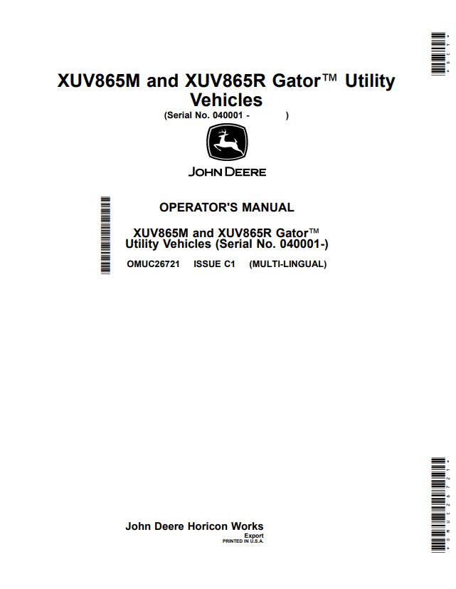 JOHN DEERE XUV865M AND XUV865R GATOR™ UTILITY VEHICLES OPERATOR MANUAL OMUC26721