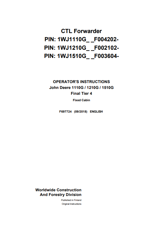 JOHN DEERE 1110G / 1210G / 1510G FINAL TIER 4 FIXED CABIN OPERATOR MANUAL F697724