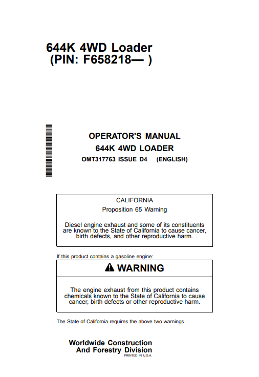 JOHN DEERE 644K 4WD LOADER OPERATOR MANUAL OMT317763