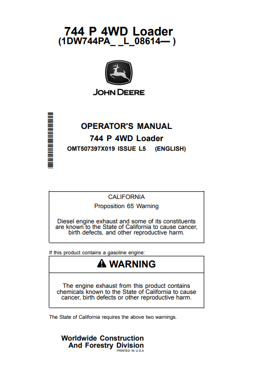 JOHN DEERE 744 P 4WD LOADER OPERATOR MANUAL OMT507397X019